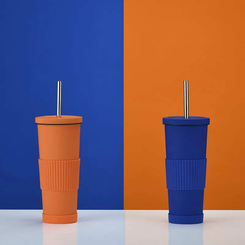 Promotional Fashion Orange Cup Set Drinkware 750ml Double Wall Thermos Flask Stainless Steel Cup Water Bottle Metal With Straw