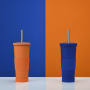 Promotional Fashion Orange Cup Set Drinkware 750ml Double Wall Thermos Flask Stainless Steel Cup Water Bottle Metal With Straw