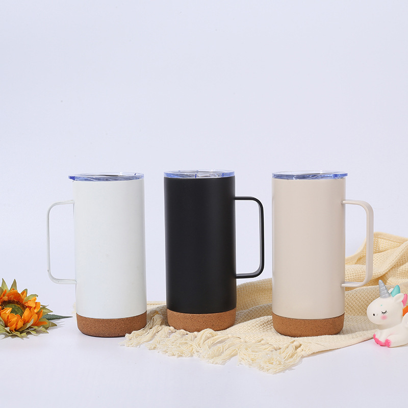 12OZ Eco Friendly Double Wall Insulated Vacuum Flasks Beer Cup With Handle Lid Stainless Steel Travel Mug With Cork Bottom