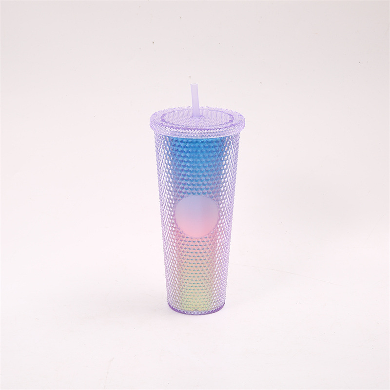 Wholesale BPA-free 24oz double wall plastic cups mesh Mosaic tumbler coffee cups with straws