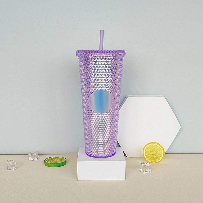 Wholesale BPA-free 24oz double wall plastic cups mesh Mosaic tumbler coffee cups with straws