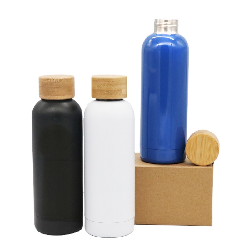 Eco Friendly 500ml Double Wall Vacuum Flask Insulated 18/8 Stainless Steel Water Bottle with Bamboo Lid