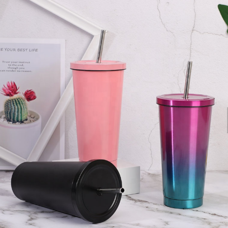 500ml Wholesale Straw Coffee Tumbler Cups Reusable Double Wall Vacuum Travel Mugs With Logo Printed And Straw