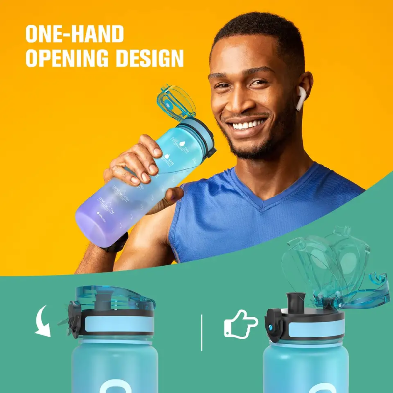 32oz Tritan Plastic Sport Gym Motivational Bottle Bpa Free Flip Top Cover Drink Water Bottle With Time Marker Straw Strainer