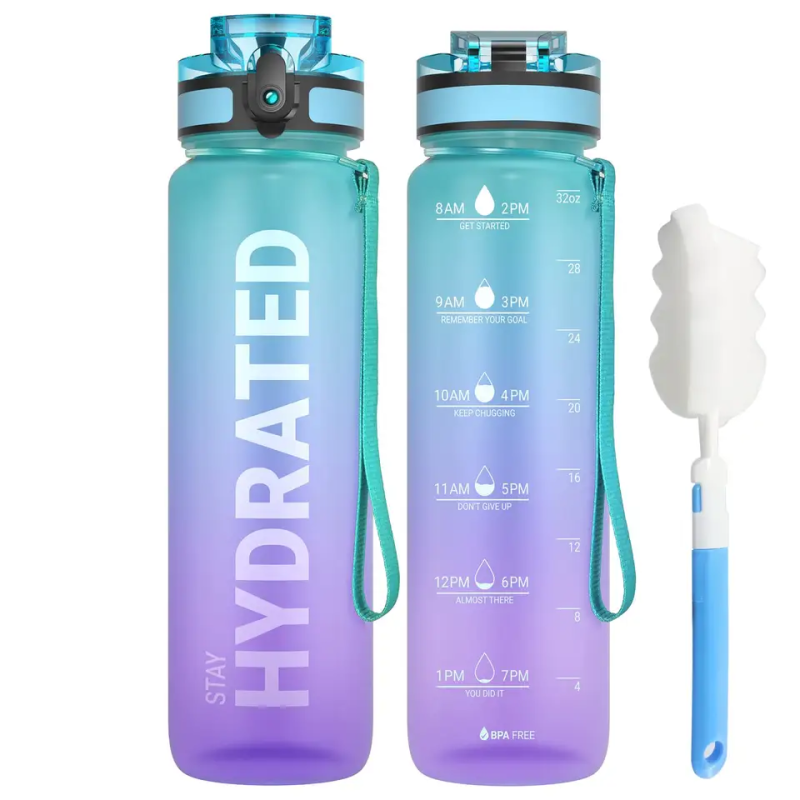 32oz Tritan Plastic Sport Gym Motivational Bottle Bpa Free Flip Top Cover Drink Water Bottle With Time Marker Straw Strainer