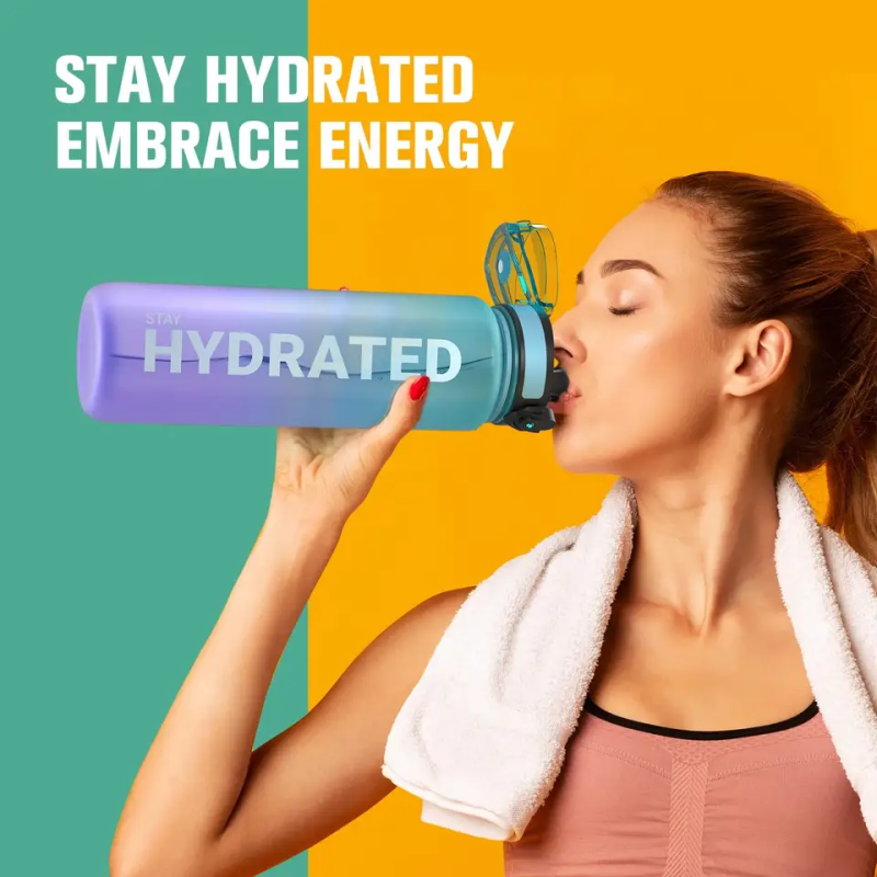 32oz Tritan Plastic Sport Gym Motivational Bottle Bpa Free Flip Top Cover Drink Water Bottle With Time Marker Straw Strainer