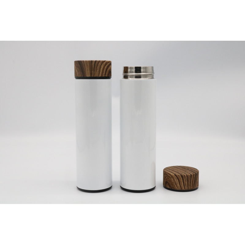 ترمس فراغ من الفولاذ المقاوم للصدأ بطبقة مزدوجة قابلة لإعادة الاستخدام مع غطاء من الحبوب الخشبية