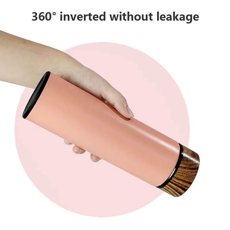 ترمس فراغ من الفولاذ المقاوم للصدأ بطبقة مزدوجة قابلة لإعادة الاستخدام مع غطاء من الحبوب الخشبية