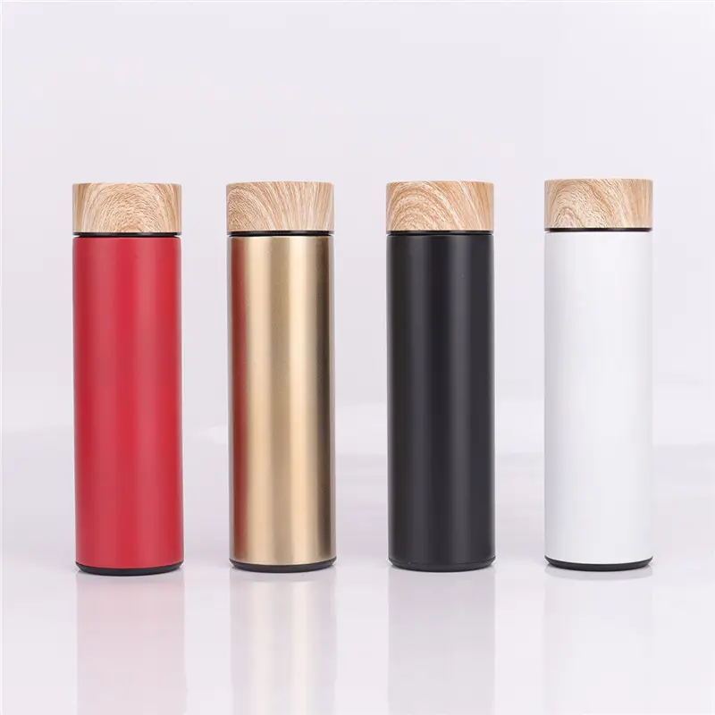 ترمس فراغ من الفولاذ المقاوم للصدأ بطبقة مزدوجة قابلة لإعادة الاستخدام مع غطاء من الحبوب الخشبية