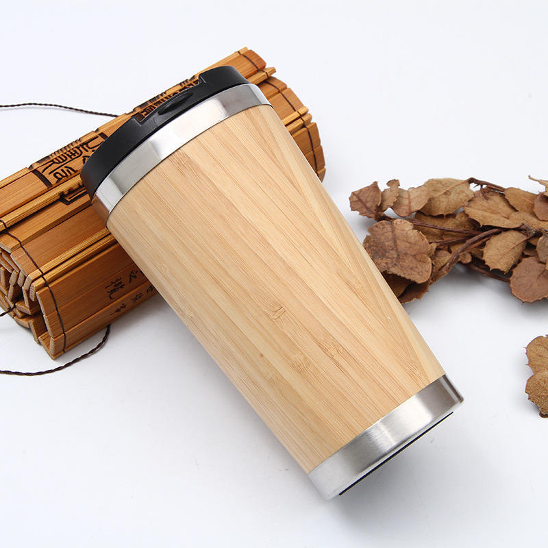 Custom Logo Bamboo Stainless Steel Double Wall Flask Insulated Bamboo With Bamboo Sleeve Coffee Mug