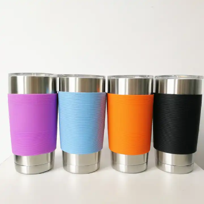 Custom 20 oz double stainless steel vacuum insulated travel tumbler with silicone sleeve