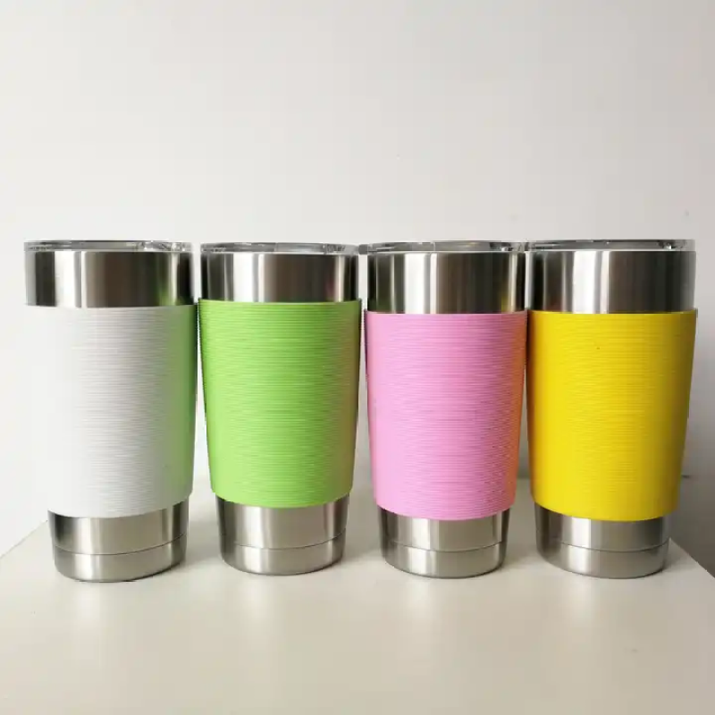 Custom 20 oz double stainless steel vacuum insulated travel tumbler with silicone sleeve