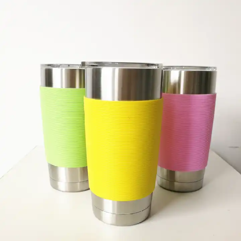 Custom 20 oz double stainless steel vacuum insulated travel tumbler with silicone sleeve