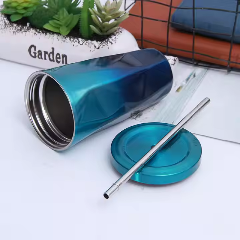 Gradient Wide Mouth Coffee Mug Double Wall Vacuum Insulated Stainless Steel Tumbler With Straw