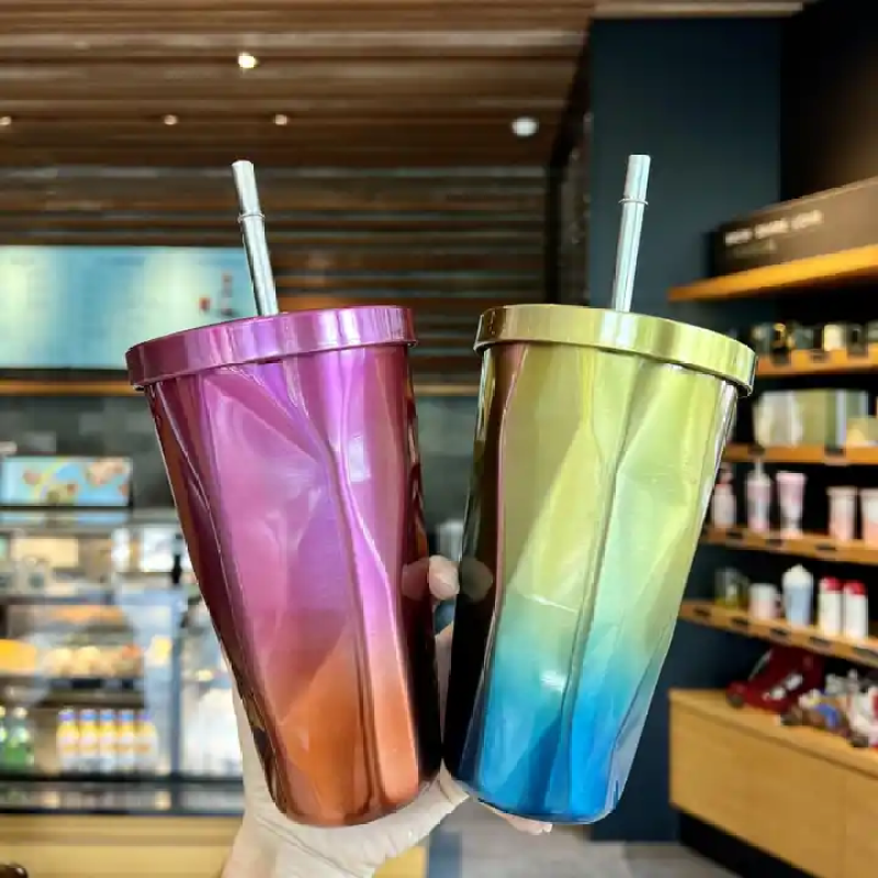 Gradient Wide Mouth Coffee Mug Double Wall Vacuum Insulated Stainless Steel Tumbler With Straw
