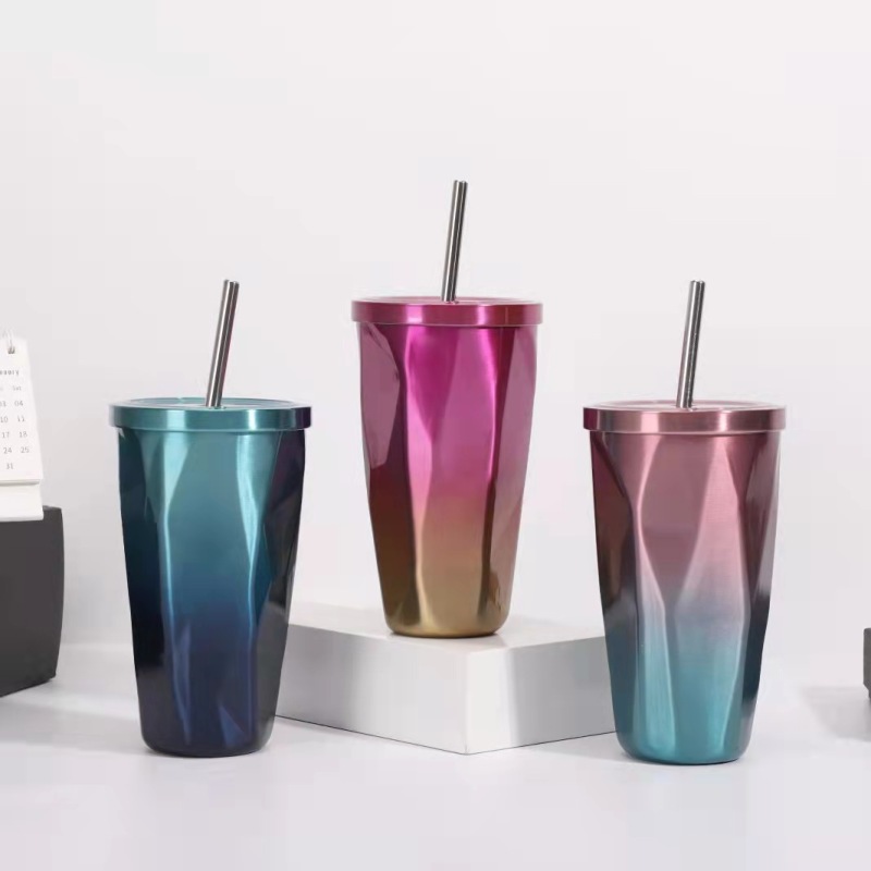 Gradient Wide Mouth Coffee Mug Double Wall Vacuum Insulated Stainless Steel Tumbler With Straw