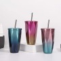 Gradient Wide Mouth Coffee Mug Double Wall Vacuum Insulated Stainless Steel Tumbler With Straw