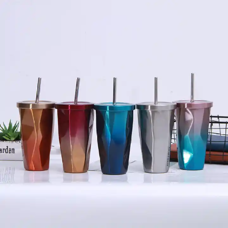 Gradient Wide Mouth Coffee Mug Double Wall Vacuum Insulated Stainless Steel Tumbler With Straw