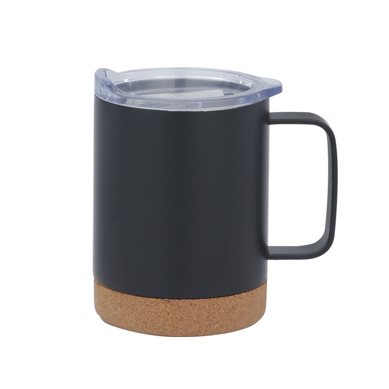 12oz Reusable Stainless Steel Insulated Coffee Mugs With Inner And Cork Coaster Cup With Handle Cork Bottom Coffee Tumbler