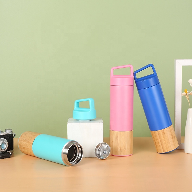550ml Stainless Steel Insulated Water Bottle Double Wall Vacuum Bamboo Thermos Cup
