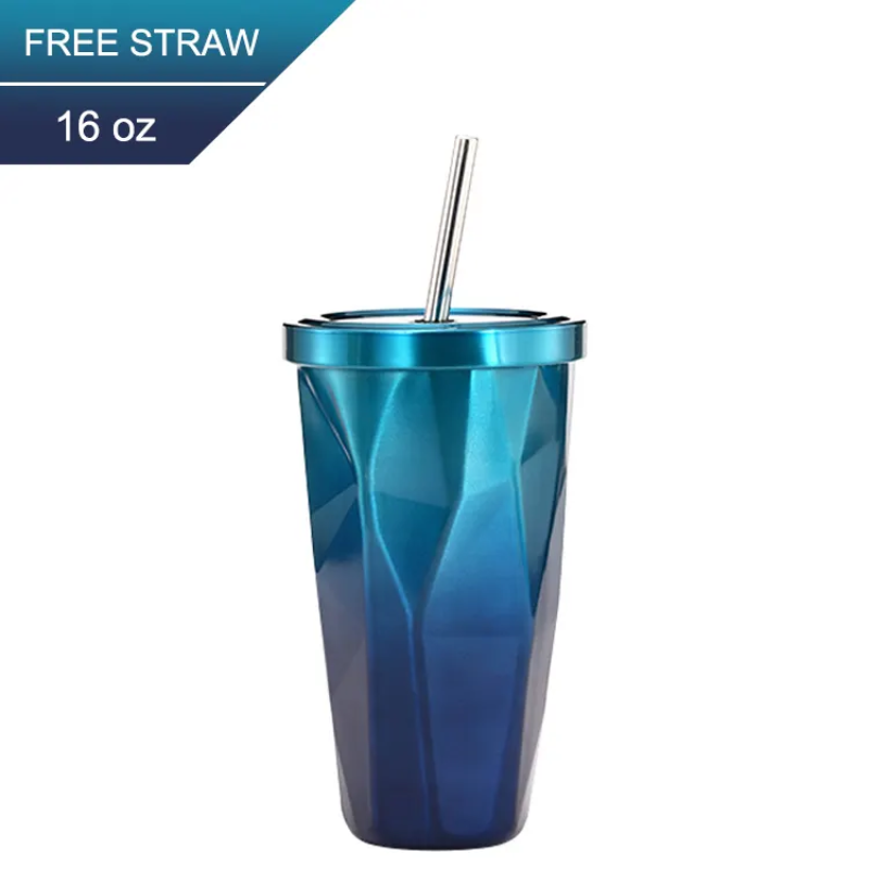 10% Off Double Wall 16oz Tumbler Stainless Steel Thermo Vacuum Coffee Mug With Straw