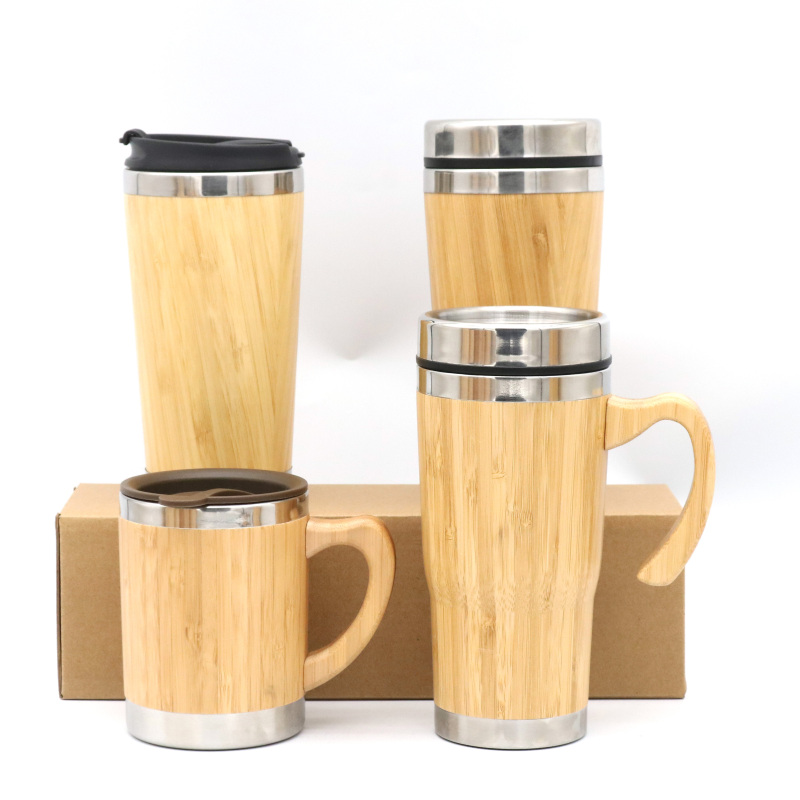 400ml Stainless Steel Tumbler  Bamboo Surface Travel Coffee Mug