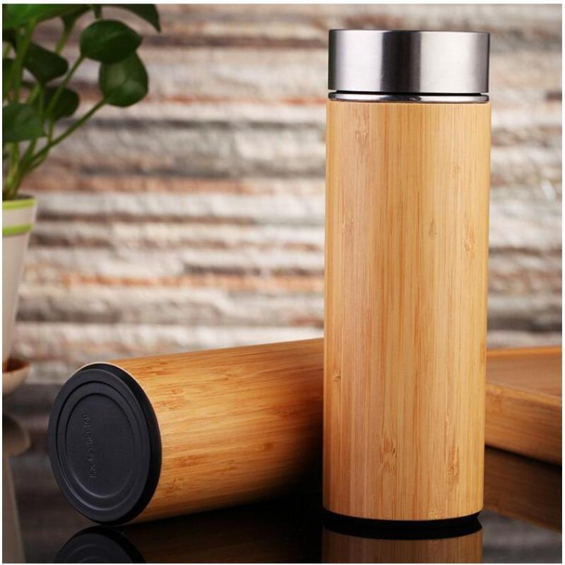 Eco-friendly Bamboo Cup  Double Wall Tea Infuser Insulated Vacuum Stainless Steel Bamboo Lid Water Bottle