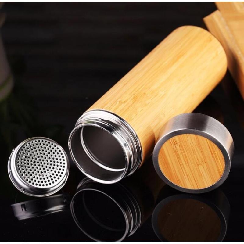Eco-friendly Bamboo Cup  Double Wall Tea Infuser Insulated Vacuum Stainless Steel Bamboo Lid Water Bottle