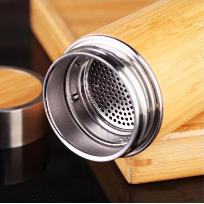 Eco-friendly Bamboo Cup  Double Wall Tea Infuser Insulated Vacuum Stainless Steel Bamboo Lid Water Bottle