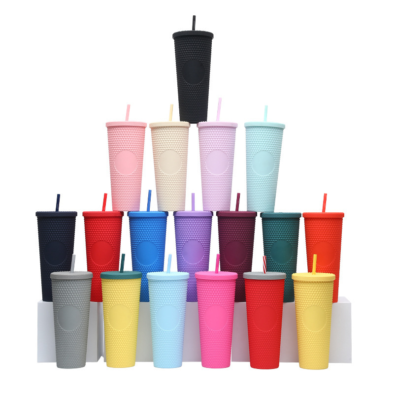 Wholesale Customized BPA-FREE  24oz double wall plastic coffee mugs mesh Mosaic tumbler coffee cups with straws for beveragess