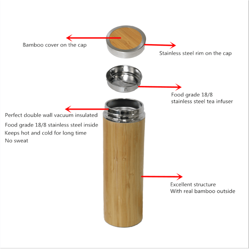 500ml Bamboo Water Bottle Double Wall  Vacuum Flask Metal