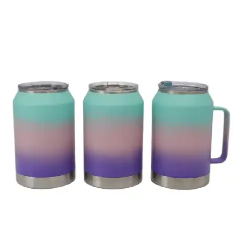 Custom large capacity tri-color gradient double-layer stainless steel insulated travel cup with handle and straw