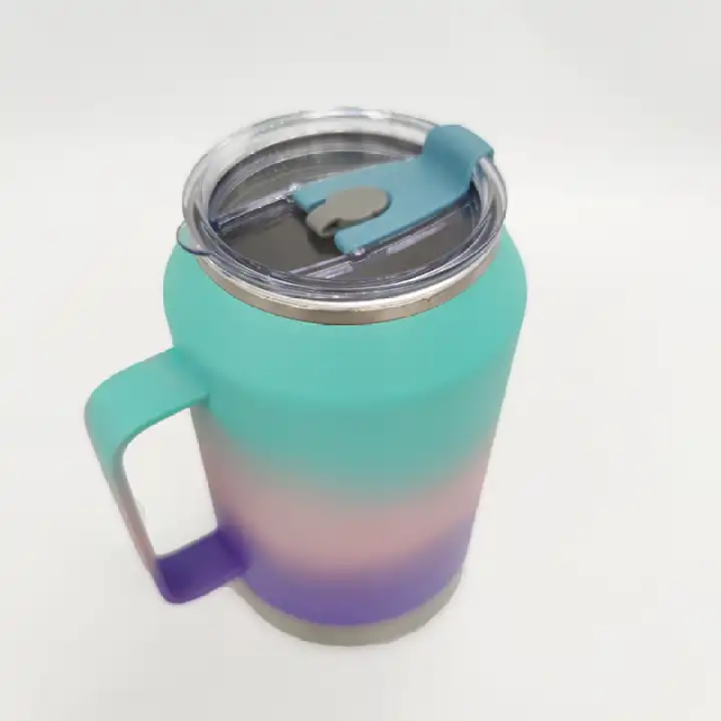 Custom large capacity tri-color gradient double-layer stainless steel insulated travel cup with handle and straw