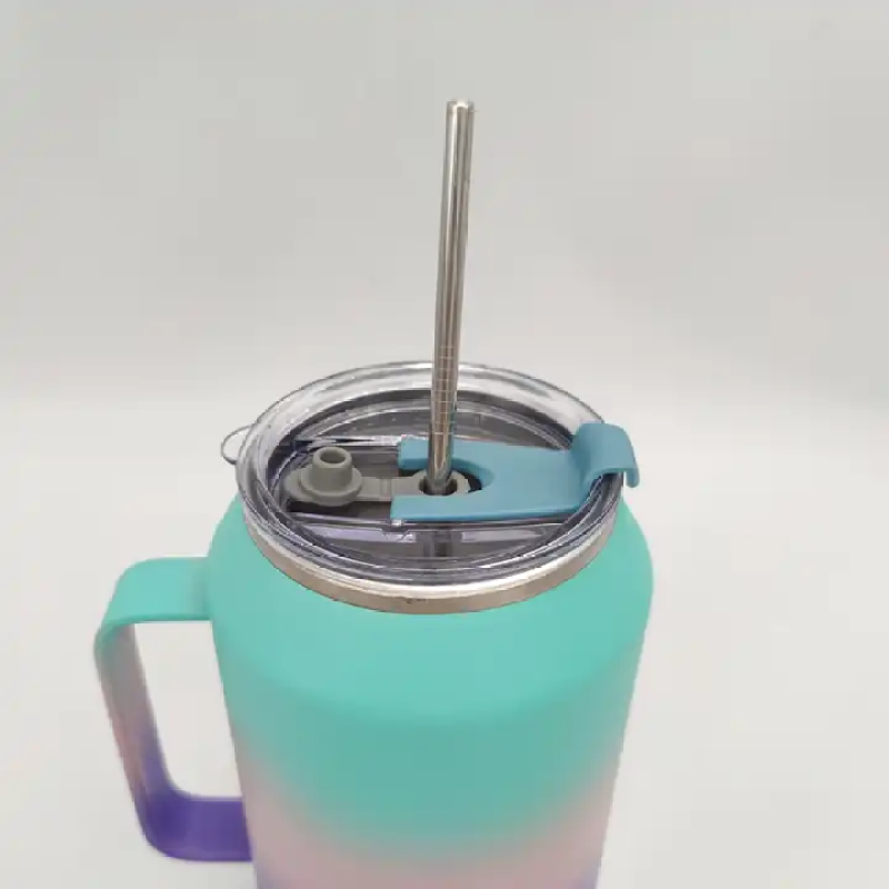 Custom large capacity tri-color gradient double-layer stainless steel insulated travel cup with handle and straw