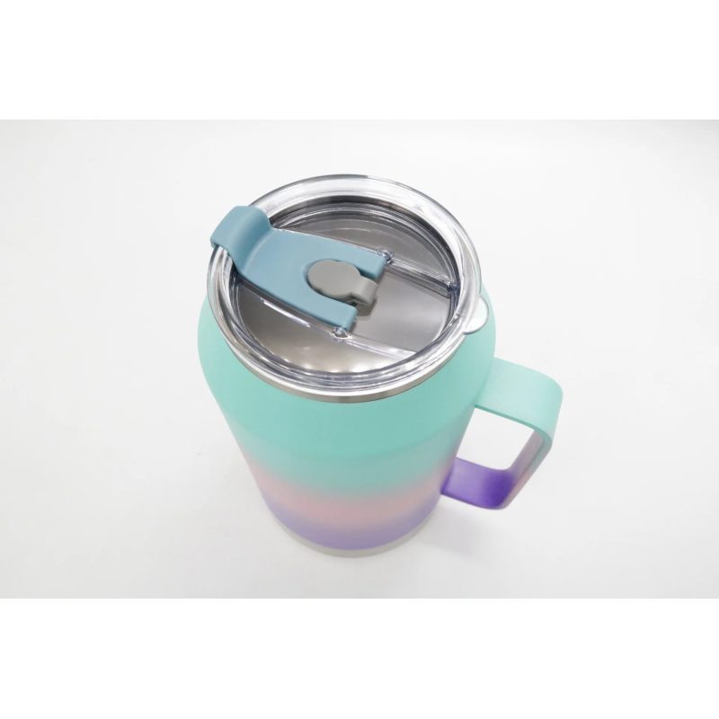 Custom large capacity tri-color gradient double-layer stainless steel insulated travel cup with handle and straw