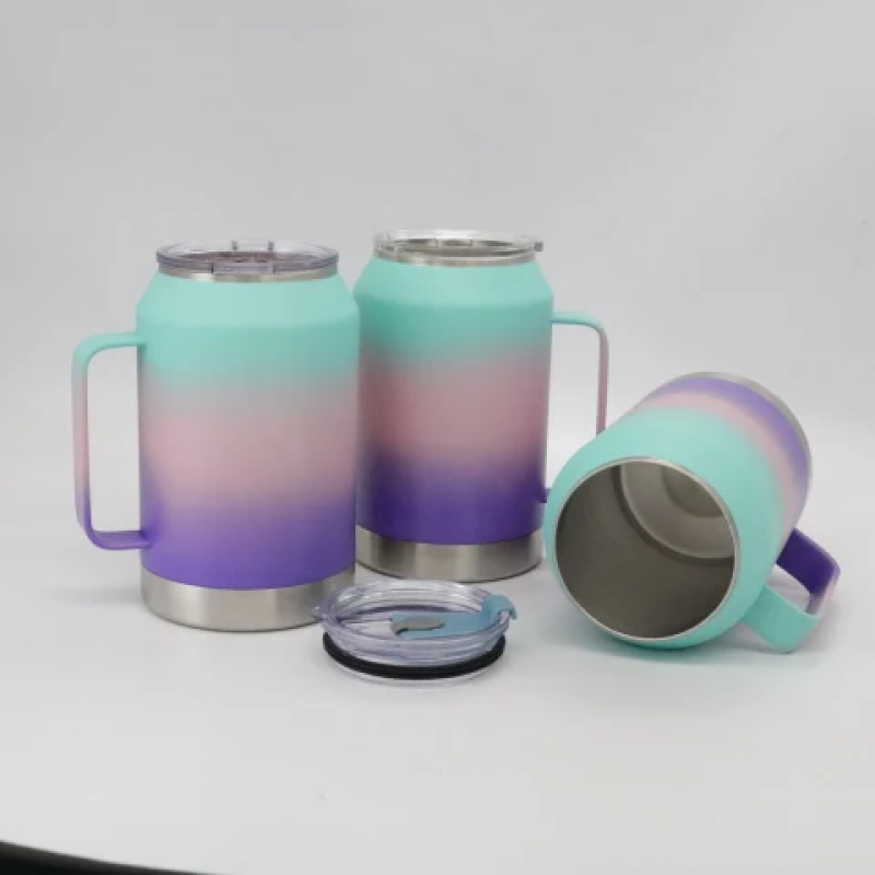 Custom large capacity tri-color gradient double-layer stainless steel insulated travel cup with handle and straw
