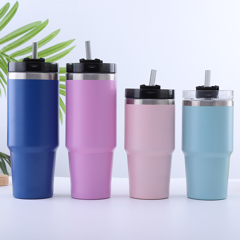 Double Wall Thermos Vacuum Insulated Flask Stainless Steel Travel Mug With Straw Lid Coffee Tumbler