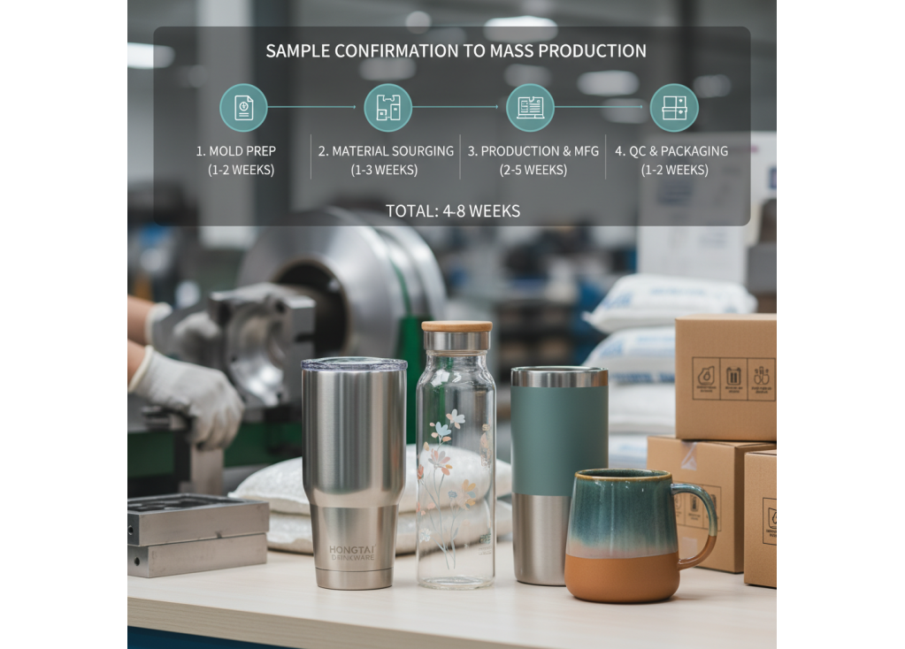 カスタムドリンクウェアのサンプル確認から量産まで、通常はどれくらいの時間がかかりますか?