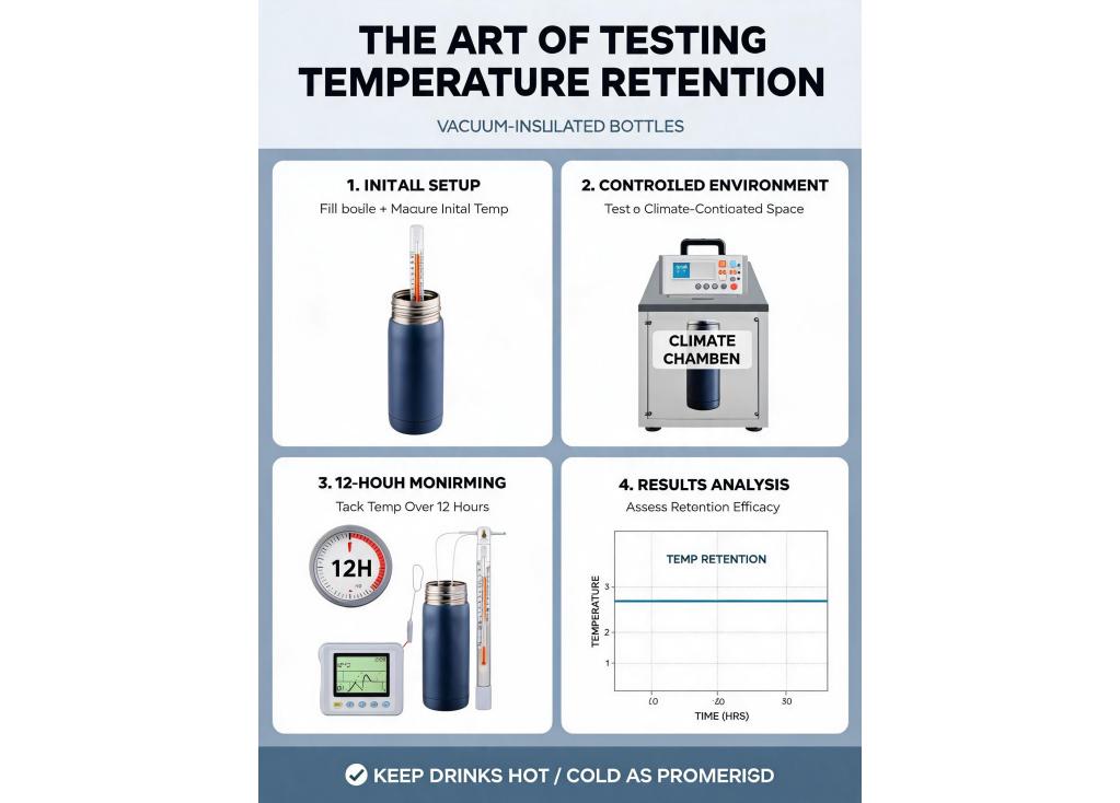 How do manufacturers test the temperature retention of vacuum-insulated bottles over 12 hours?