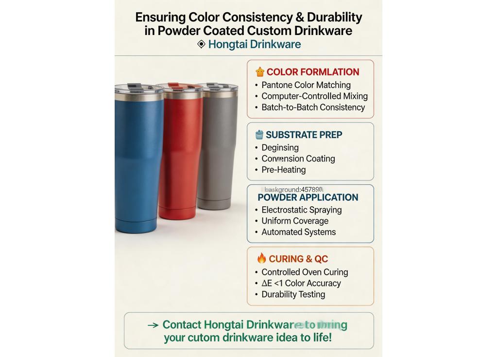 How do you ensure color consistency and durability in powder coating for custom-colored drinkware?
