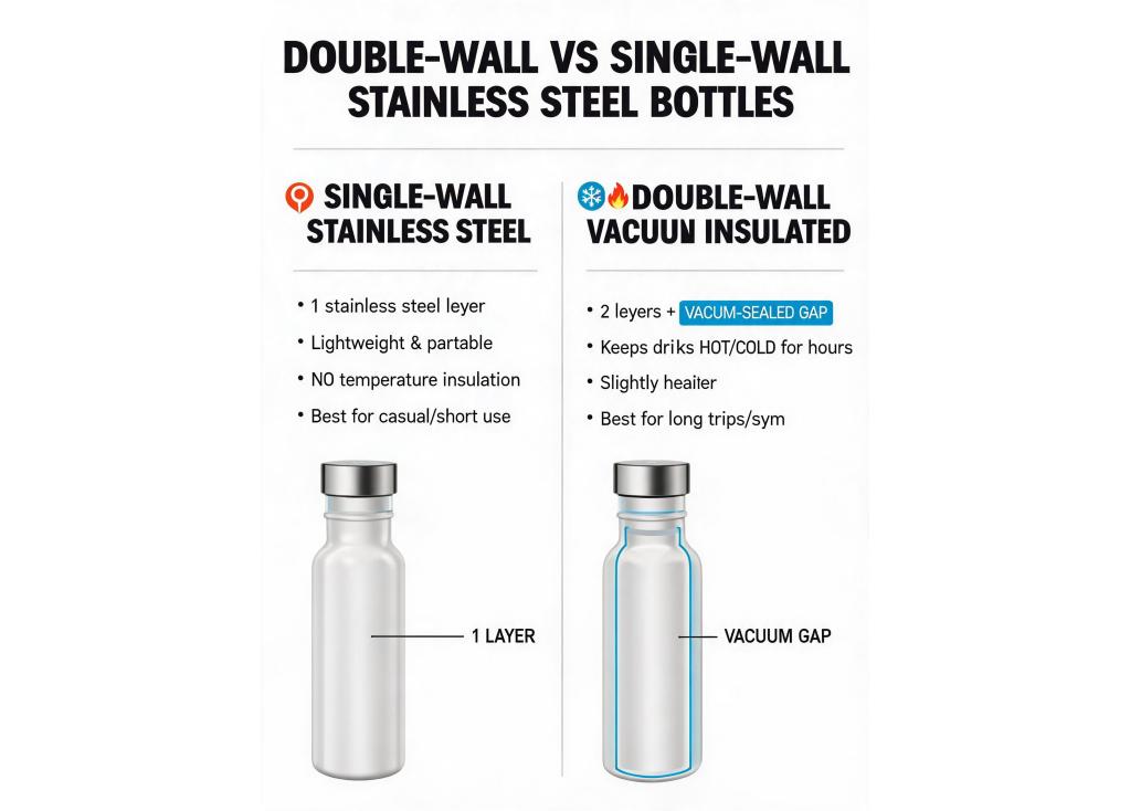 How do double-wall vacuum insulated bottles differ from single-wall stainless steel bottles in construction?
