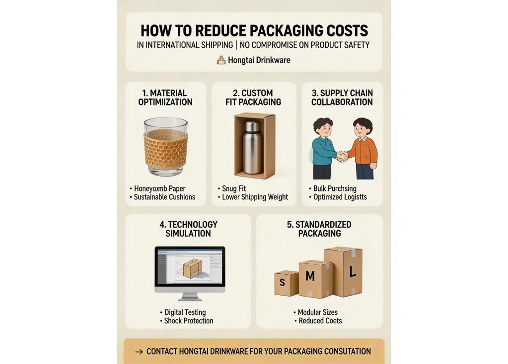 How can we reduce packaging costs without compromising product safety during international shipping?