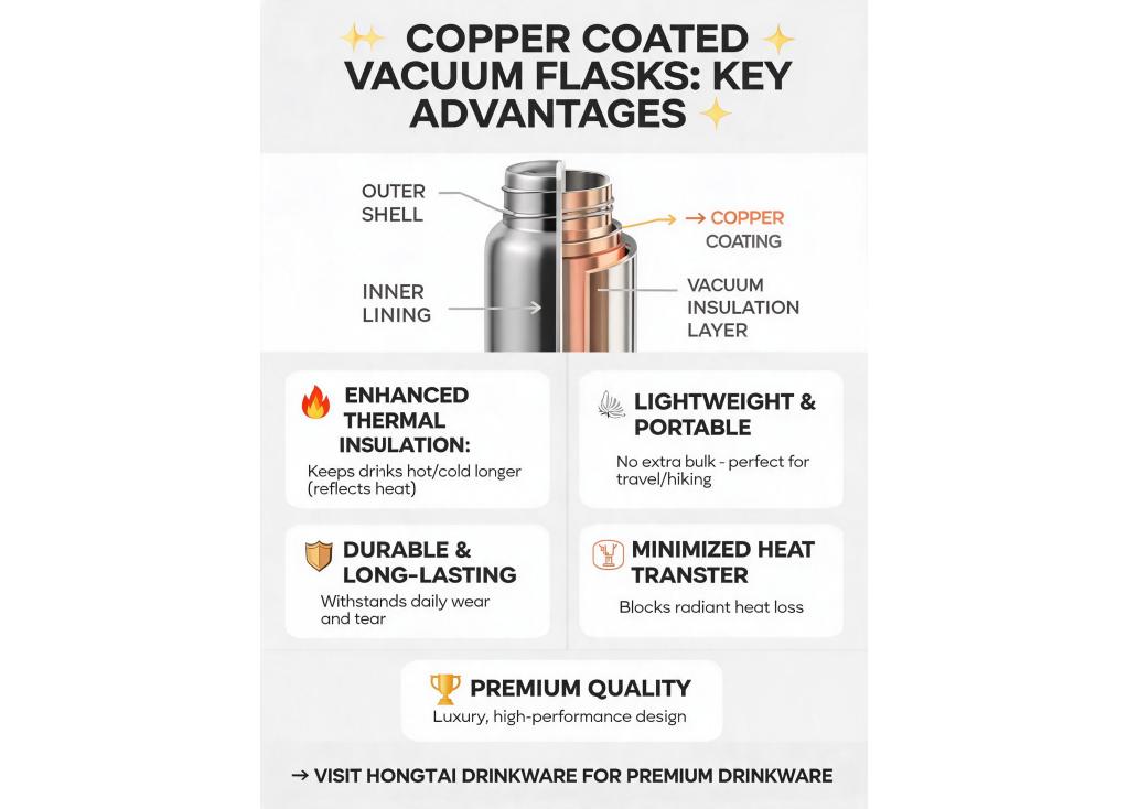 What are the advantages of using copper coating in the vacuum layer of some high-end flasks?