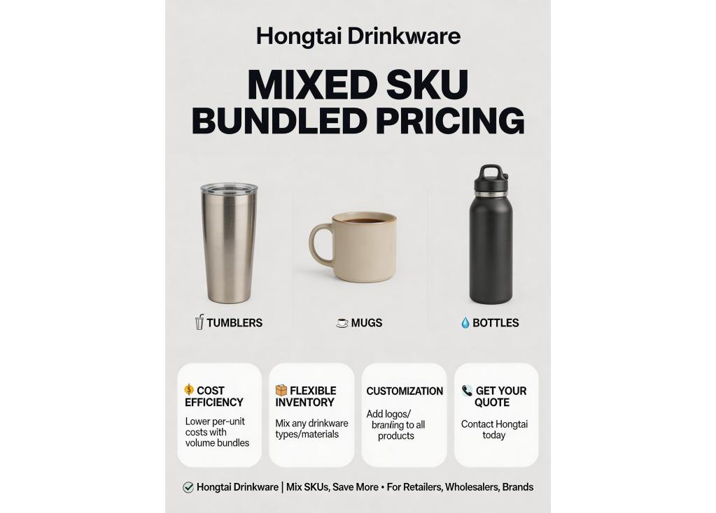 Do you offer bundled pricing for mixed SKU orders of different drinkware products like tumblers, mugs, and bottles?