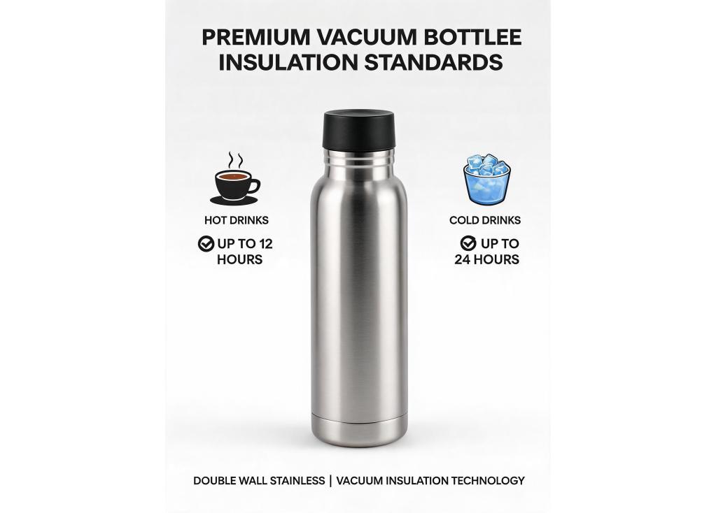 What is the industry standard for vacuum insulation performance (hours hot/cold) for premium bottles?