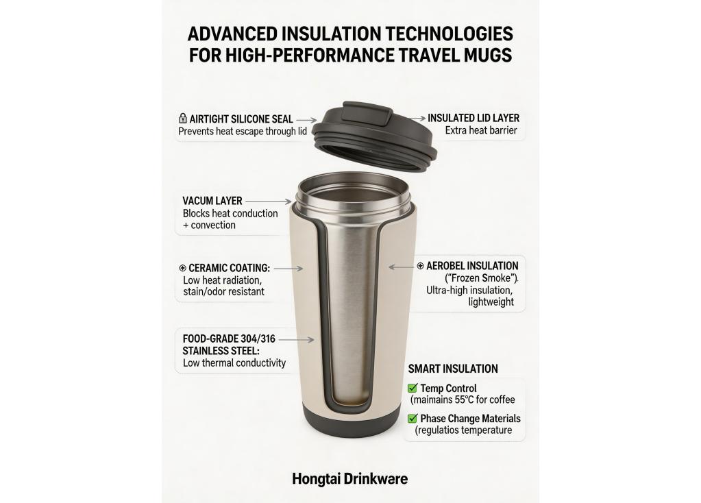 What are the advanced insulation technologies used in high-performance travel mugs to maintain temperature?
