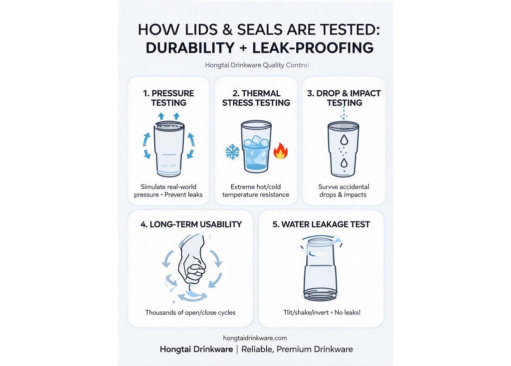 How is the durability and leak-proof performance of lids and seals tested in quality control?