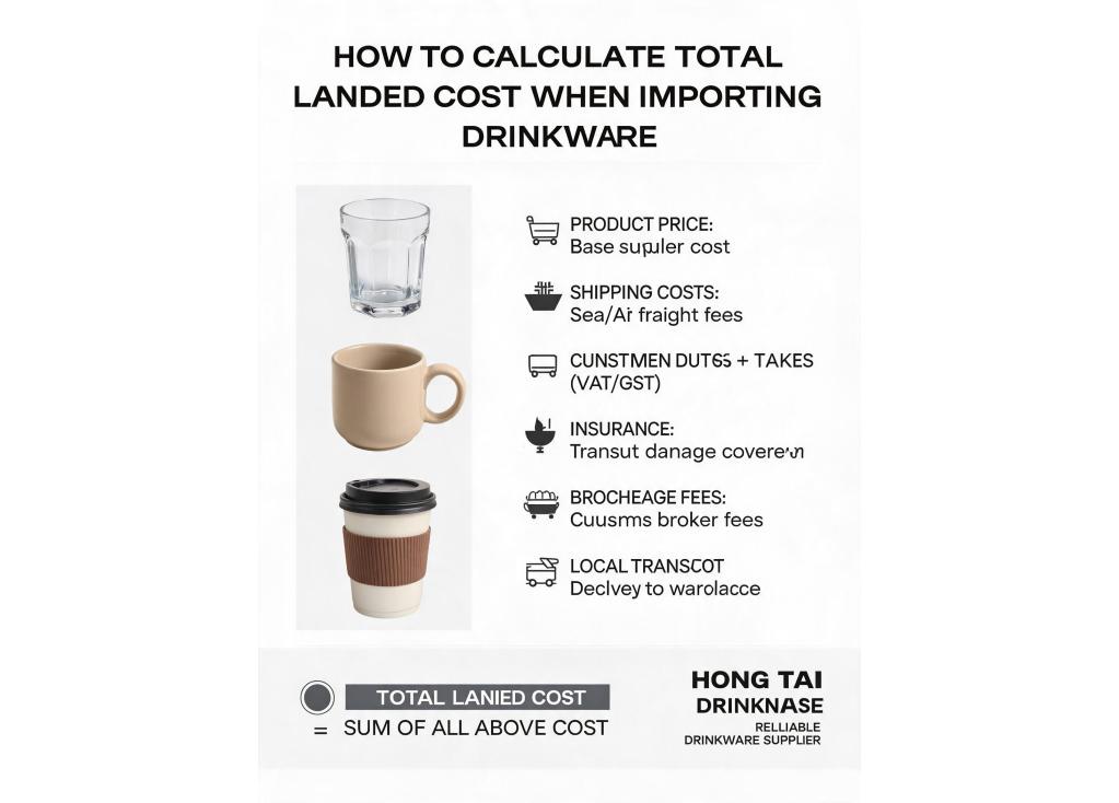 How can I calculate the total landed cost when importing drinkware from overseas?