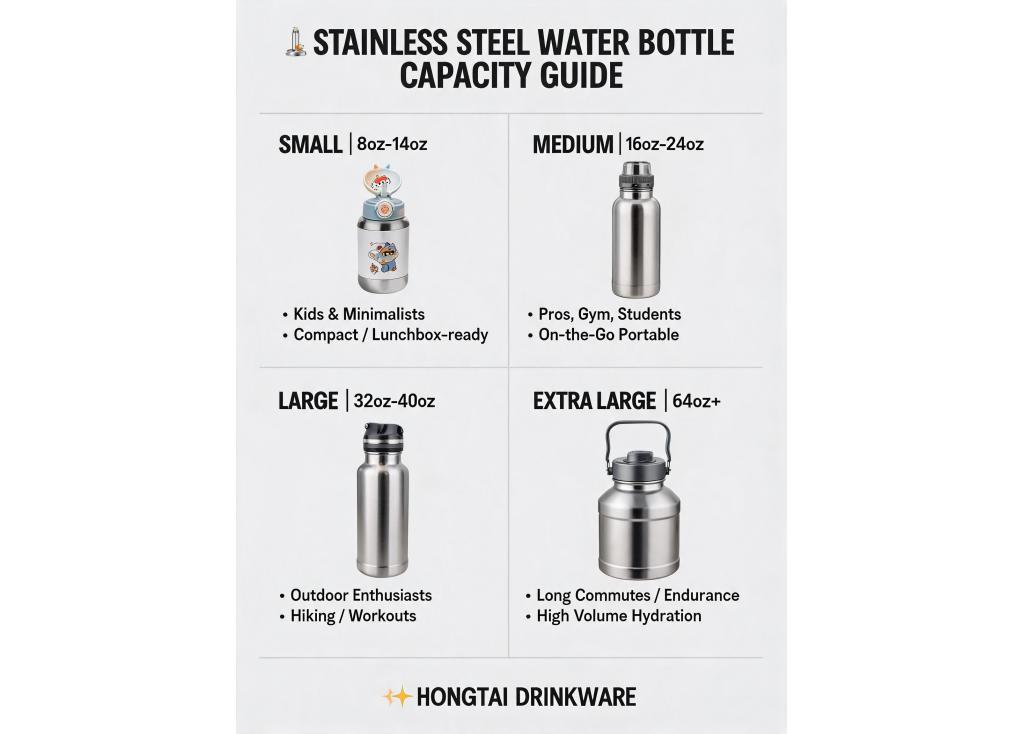 What capacity ranges are most popular for stainless steel water bottles among different consumer groups?
