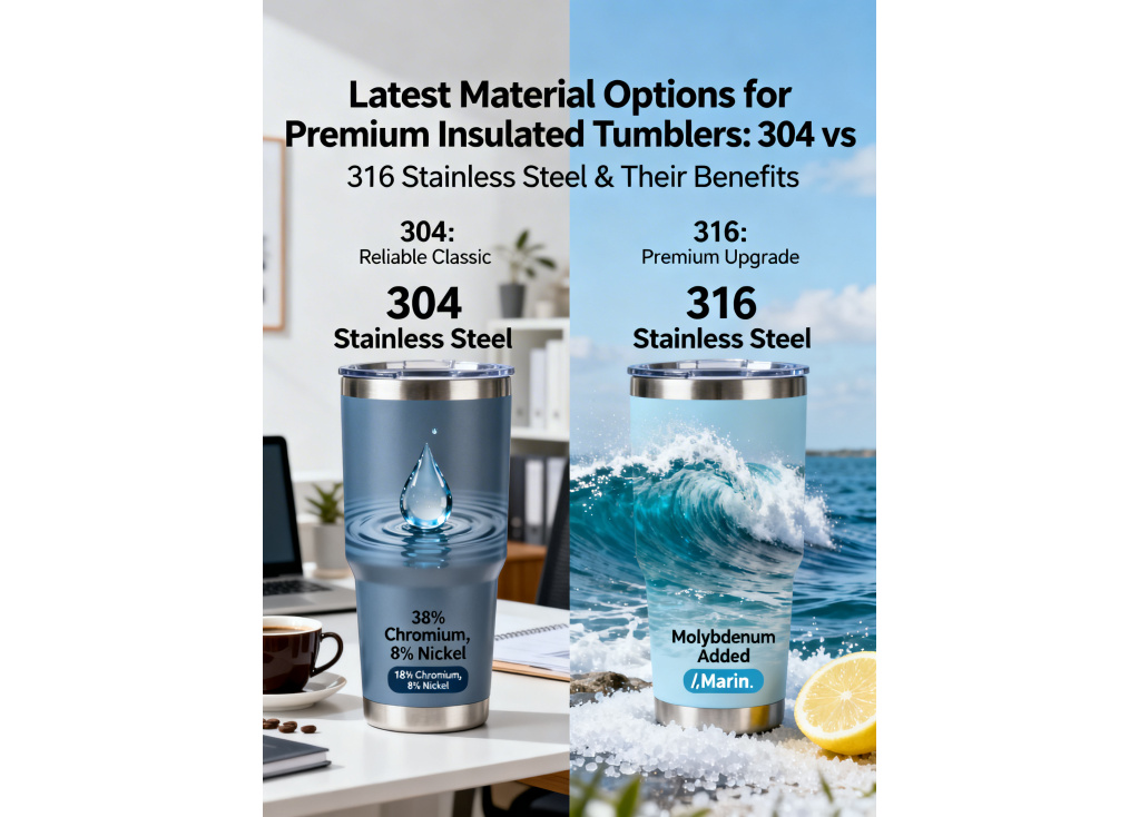What are the latest material options (e.g., 304 vs 316 stainless steel) for premium insulated tumblers and their benefits?